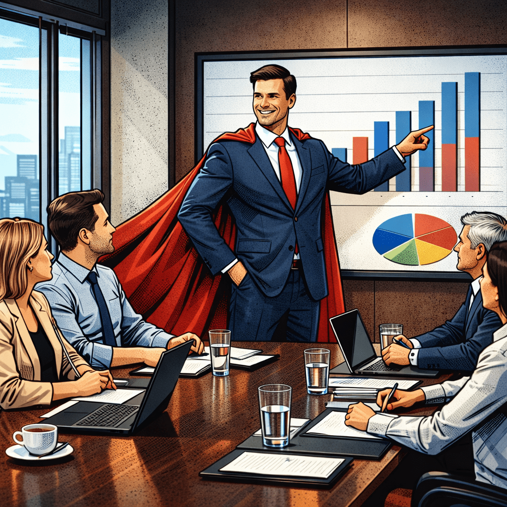 Businessman in a red cape pointing to growth charts during meeting