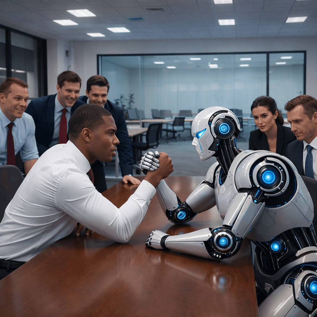 Office workers defending themselves against attacking robots in a messy office environment