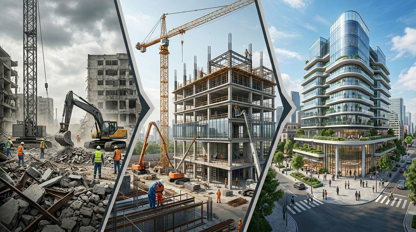 Three stages of urban development: rubble clearing, construction progress, modern building finished