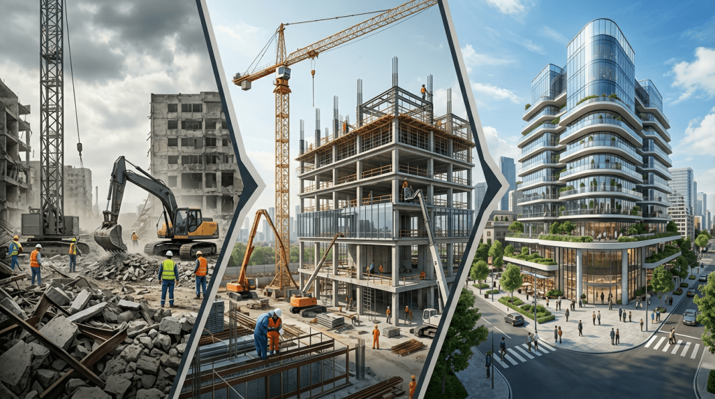 Three stages of urban development: rubble clearing, construction progress, modern building finished