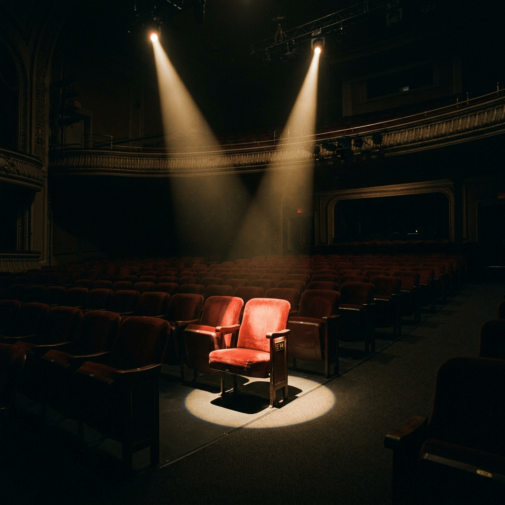 Empty red theater seat illuminated by spotlights in dark auditorium