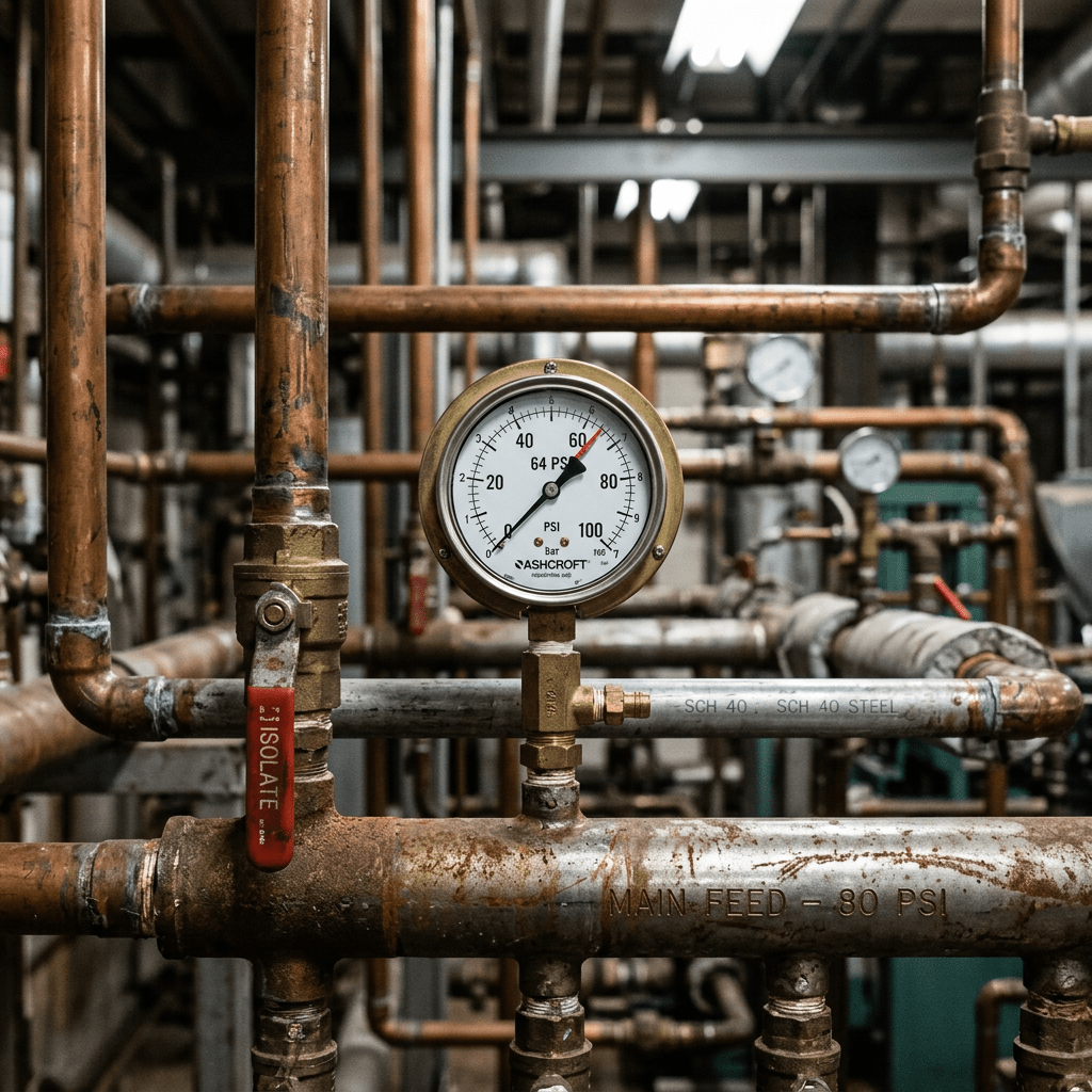 Pressure gauge reading approximately 64 PSI on metal piping with valves labeled isolate and main feed