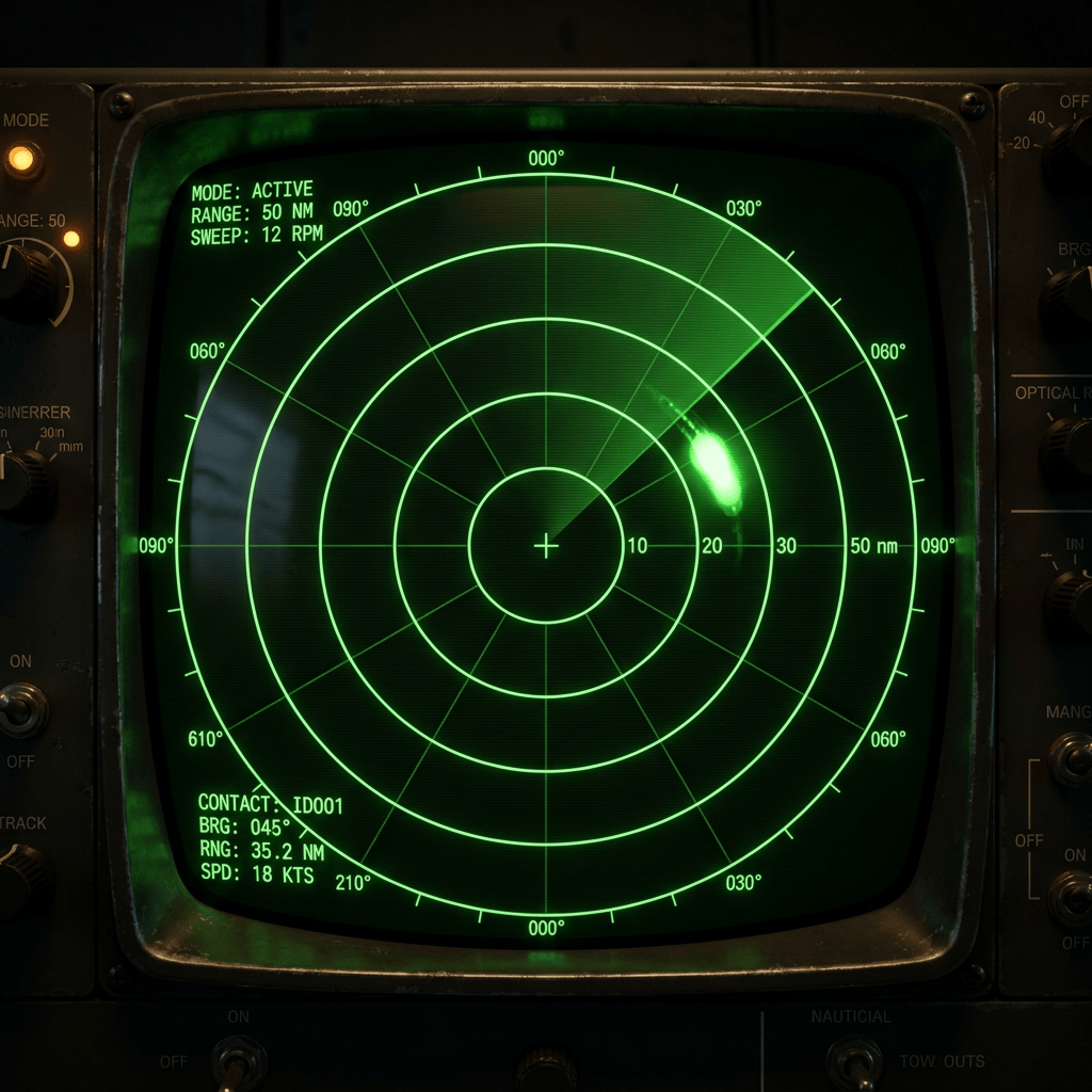 Green radar screen displaying active contact ID001 with bearing 045°, range 35.2 nautical miles, speed 18 knots