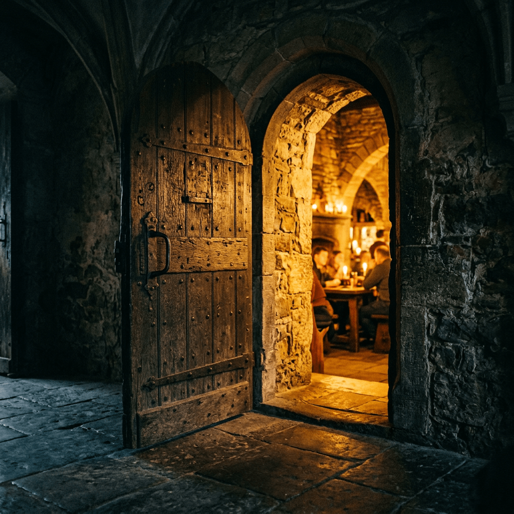 Open wooden door leading to a stone medieval tavern with people sitting around a table illuminated by candles