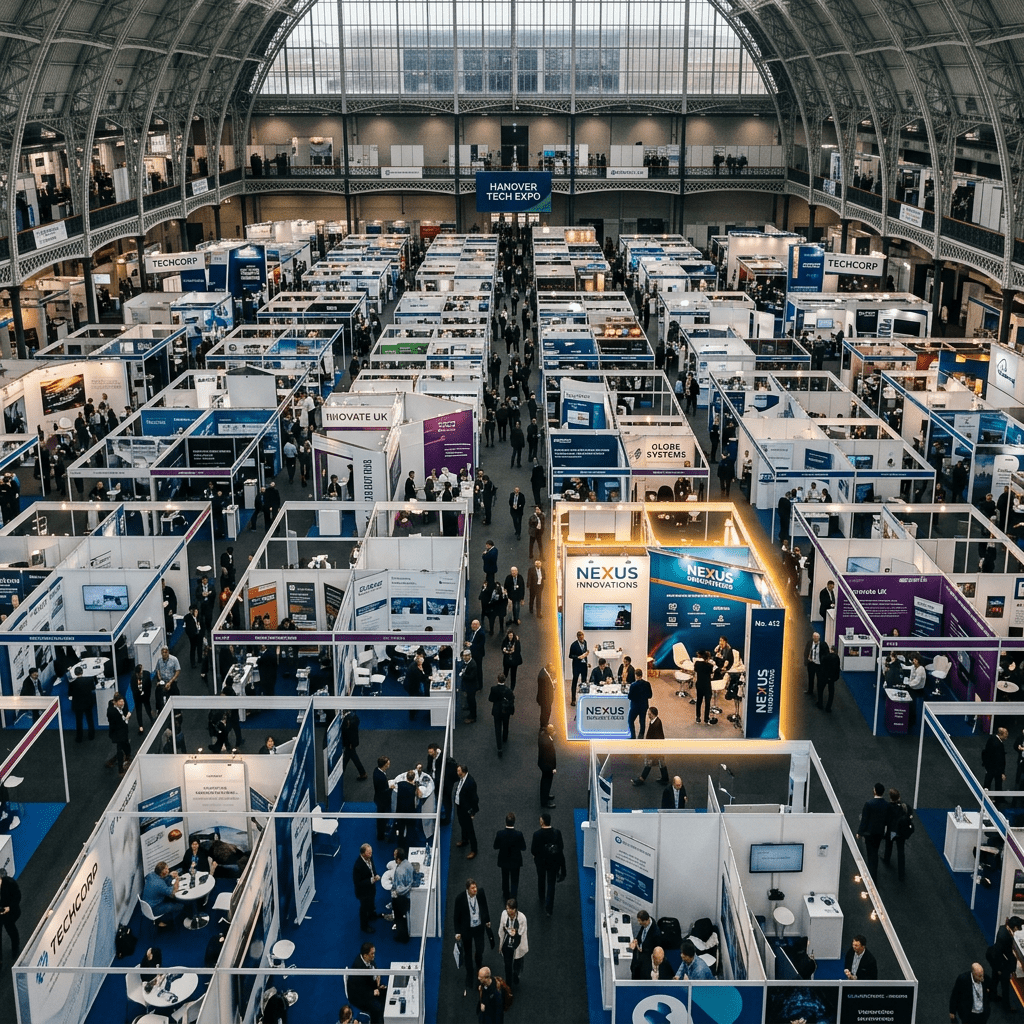 Large indoor technology exhibition hall with multiple booths and attendees walking